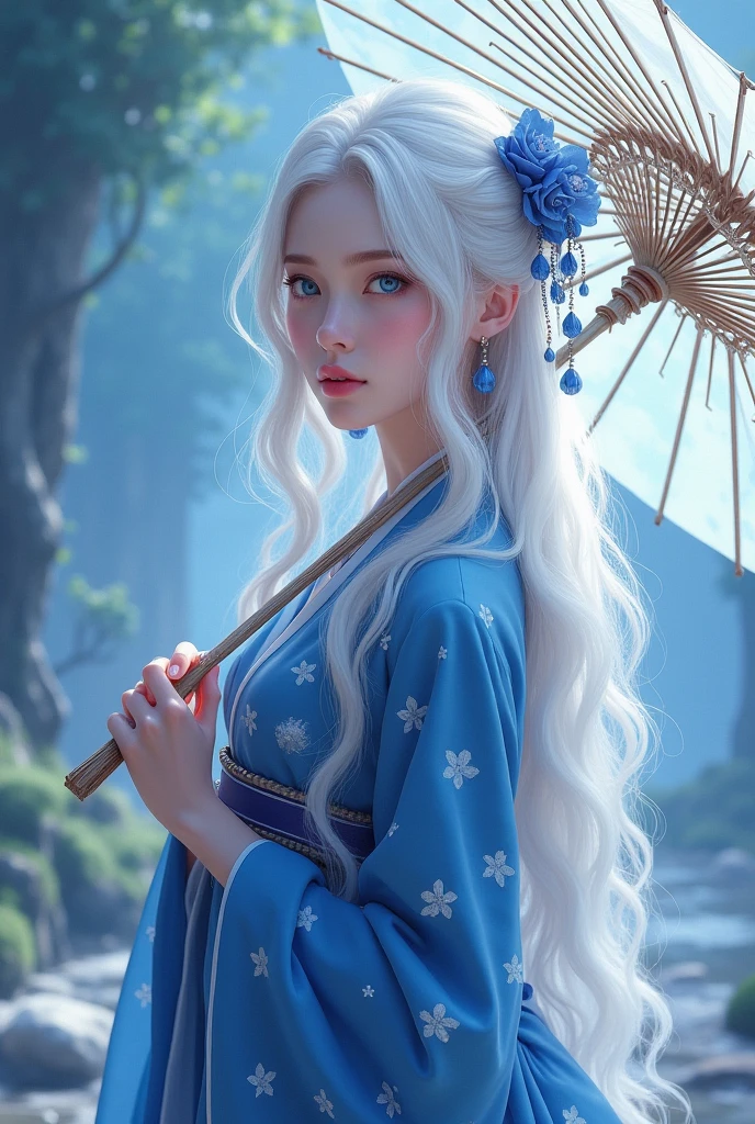 best quality, tmasterpiece, Ultra-high resolution, Clear face, （Reality： 1.4）, perfect lighting,(photorealistic: 1.50), anime wallpaper, Guviz style artwork , fantasy cover up to magic , by Yang J, Guviz, beautiful artwork illustration, beautiful digital artwork, beautiful digital illustration, Li Song, beautiful anime portrait, art style at Beauvot,illustration, ethereal and beautiful, highly detailed, CG, unity, 8k wallpaper, Amazing, fine detail, masterpiece, best quality, official art, highly detailed CG unity 8k wallpaper,absurd, extremely absurd, large file size, highly detailed , high resolution, very detailed,beautiful girl with details, very detailed eyes and face, beautiful detailed eyes,light on the face,cinematic lighting, 1girl, (white hair:1.3), long hair, Bangs, hair ornament, blue eyes, kimono, absurddress, blue kimono, Japanese clothes, umbrella, standing, upper body, (looking at viwer:1.3), smile,