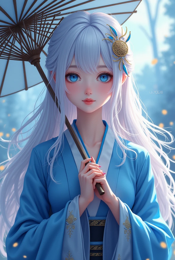 best quality, tmasterpiece, Ultra-high resolution, Clear face, （Reality： 1.4）, perfect lighting,(photorealistic: 1.50), anime wallpaper, Guviz style artwork , fantasy cover up to magic , by Yang J, Guviz, beautiful artwork illustration, beautiful digital artwork, beautiful digital illustration, Li Song, beautiful anime portrait, art style at Beauvot,illustration, ethereal and beautiful, highly detailed, CG, unity, 8k wallpaper, Amazing, fine detail, masterpiece, best quality, official art, highly detailed CG unity 8k wallpaper,absurd, extremely absurd, large file size, highly detailed , high resolution, very detailed,beautiful girl with details, very detailed eyes and face, beautiful detailed eyes,light on the face,cinematic lighting, 1girl, (white hair:1.3), long hair, Bangs, hair ornament, blue eyes, kimono, absurddress, blue kimono, Japanese clothes, umbrella, standing, upper body, (looking at viwer:1.3), smile,