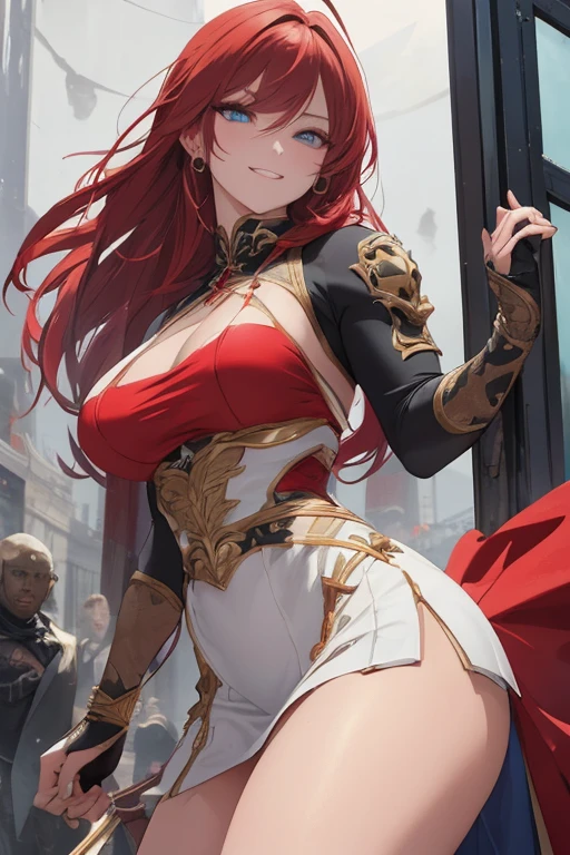 A beautiful evil lady leader ,red hair, wearing a short skirt, Blue eyes, gazing condescendingly at the viewer with a cute grinning expression, extremely detailed ,masterpiece quality, ultra-detailed, HDR, vivid colors, physically-based rendering, thick muscular thighs, beautiful muscular thighs, attractive buttocks, very strong wrestler, High resolution, masterpiece, accurate, Anatomically correct, Winner of numerous awards, 最High quality, detail, High detail, High quality, quality, retina, Very detailed, Textured skin, Ultra high definition,