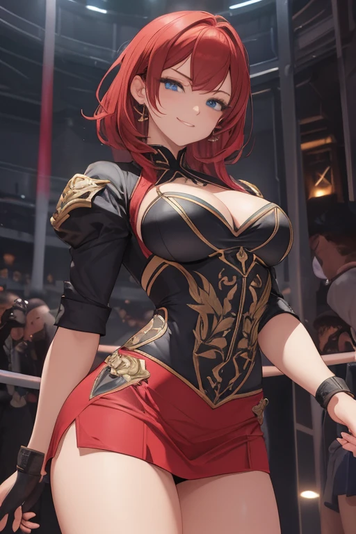 A beautiful evil lady leader ,red hair, wearing a short skirt, Blue eyes, gazing condescendingly at the viewer with a cute grinning expression, extremely detailed ,masterpiece quality, ultra-detailed, HDR, vivid colors, physically-based rendering, thick muscular thighs, beautiful muscular thighs, attractive buttocks, very strong wrestler, High resolution, masterpiece, accurate, Anatomically correct, Winner of numerous awards, 最High quality, detail, High detail, High quality, quality, retina, Very detailed, Textured skin, Ultra high definition, 