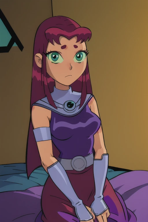 masterpiece, best quality, 1girl, starfire, red hair, long hair, green eyes, orange skin, cape, dress, long skirt, gloves, looking at viewer, solo, indoors, bedroom background