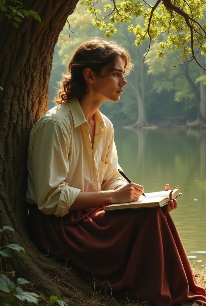 The beauty, strength and masculine power in images over time artistic style (Romanticism and Realism)
Title: The Poet in Love Environment: Romantic forest, with trees and a lake.
pose: Sitting under a tree, writing in a notebook, showing a melancholic posture.
action: Looking into the distance, inspired by nature.
Expression: dreamer, melancholy, with a lost look.
Physical Characteristics: delicate face, long, messy hair, slim and sensitive body.