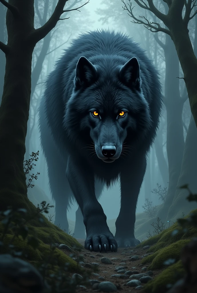 Big wolf with black eyes and dark fur in a dark forest