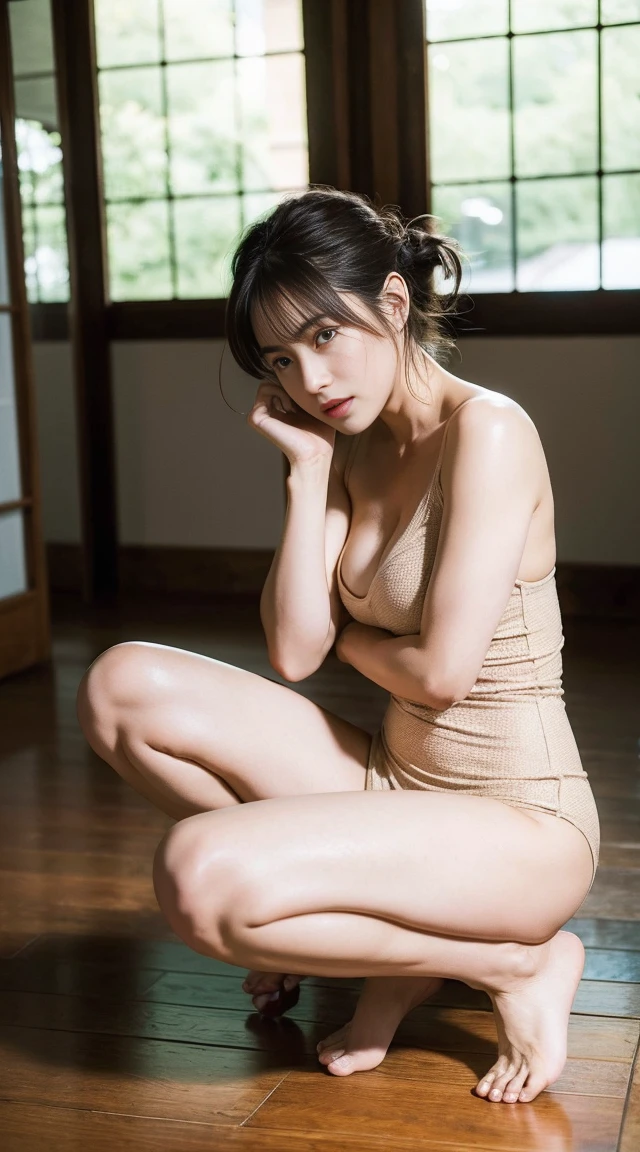 Japanese li in white swimsuit sitting on the floor with open legs