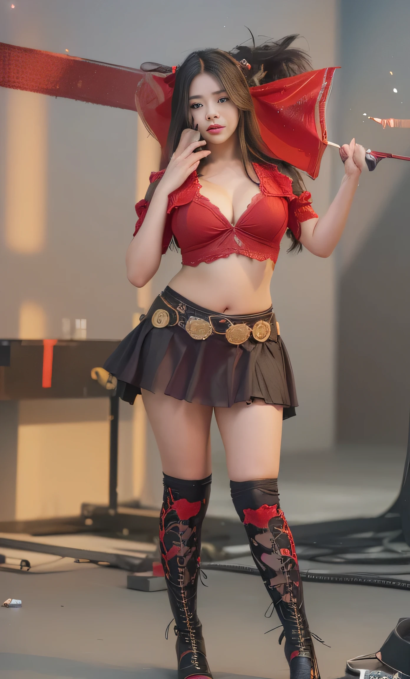 ((Best quality, 8k, Masterpiece :1.3)), Image of a Beautiful Malay superidol. Long black hair:1.3. Beautiful cute girl in coat, (open black coat). ???????????:1.3, close up cleavage. ((???? shoulders _depth of field)), atmospheric perspective, Volumetric lighting, Clear focus, absurd resolution, Realistic proportions, Good ???????, (realistic,Hyper-realistic:1.37), 16K HD, INFO. ((Red background)),  