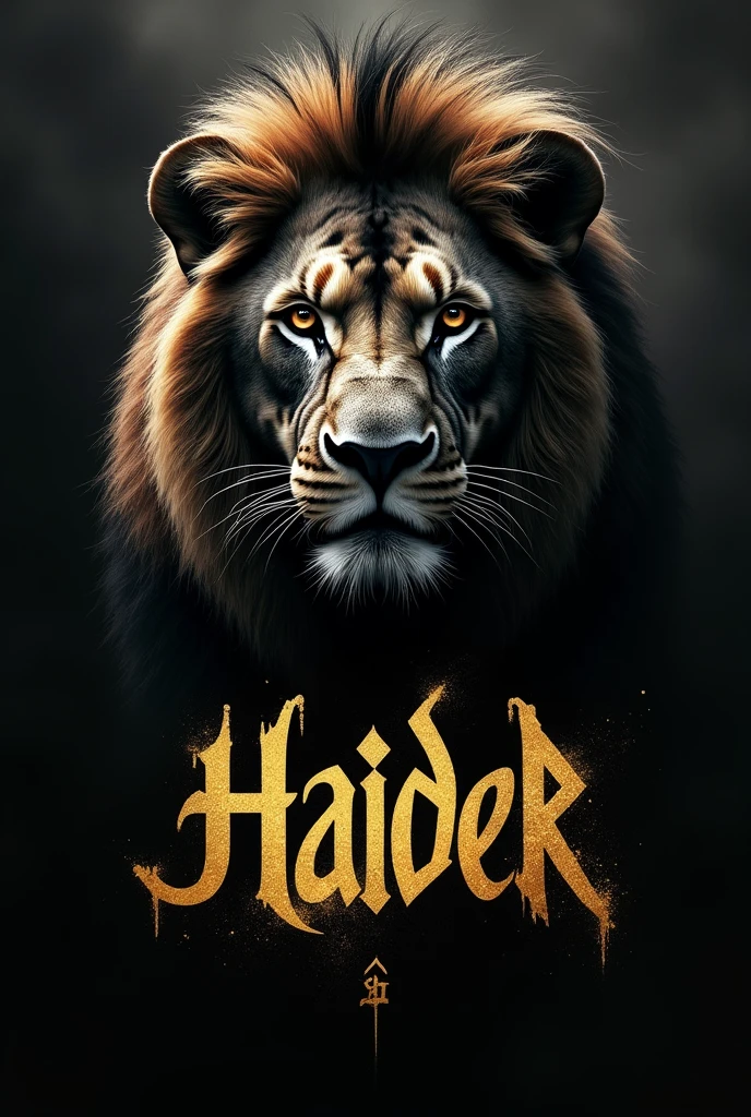 please write haider in English with black and golden colour with wild lion picture dark theme
