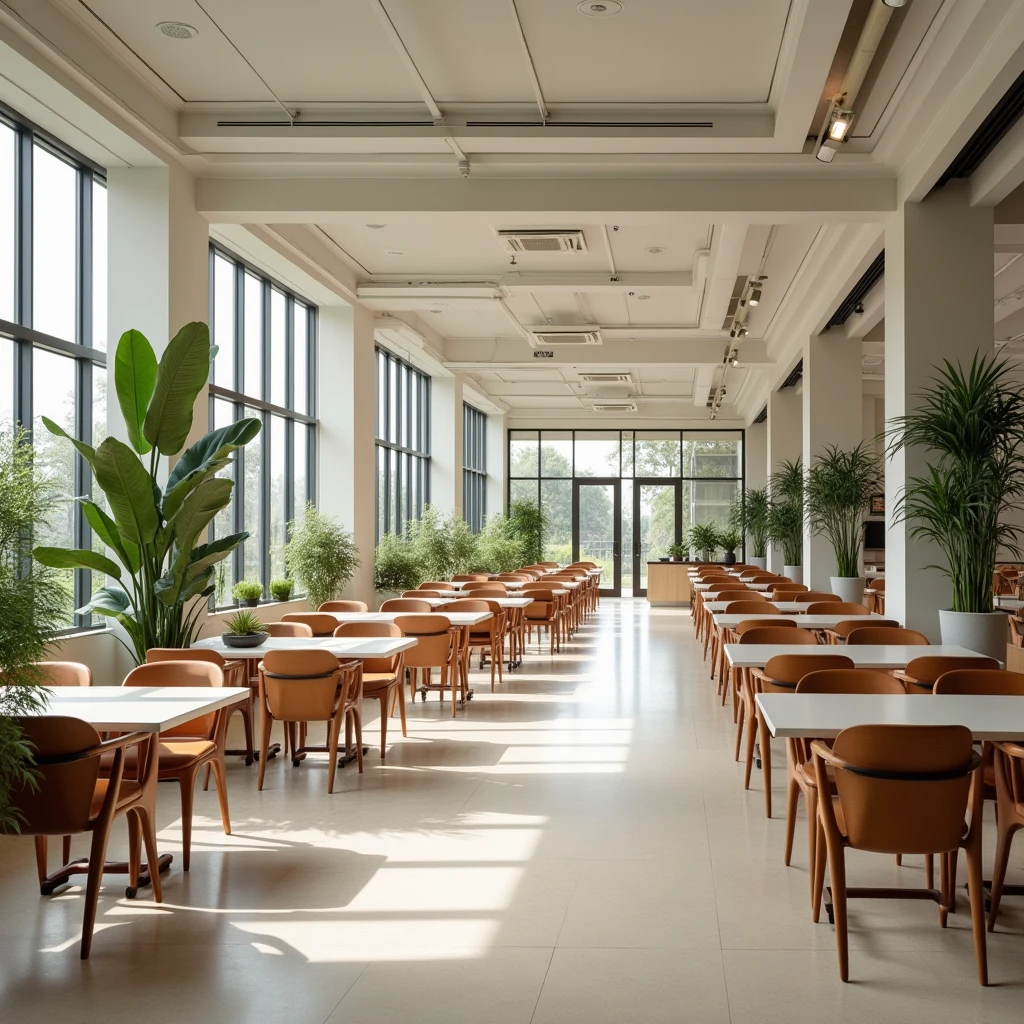 A cafeteria, where the furniture is brown and white and decorative plants
