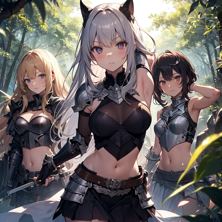 A group of female knight, (in forest), various hair styles, harem, wearing armored clothes, metal armor, night, details face, , short skirt, seducing, sword, showing armpits, sleeveless, midriff