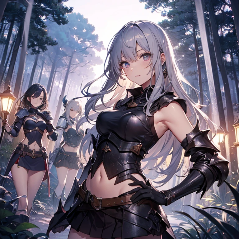 A group of female knight, (in forest), various hair styles, harem, wearing armored clothes, metal armor, night, details face, , short skirt, seducing, sword, showing armpits, sleeveless, midriff