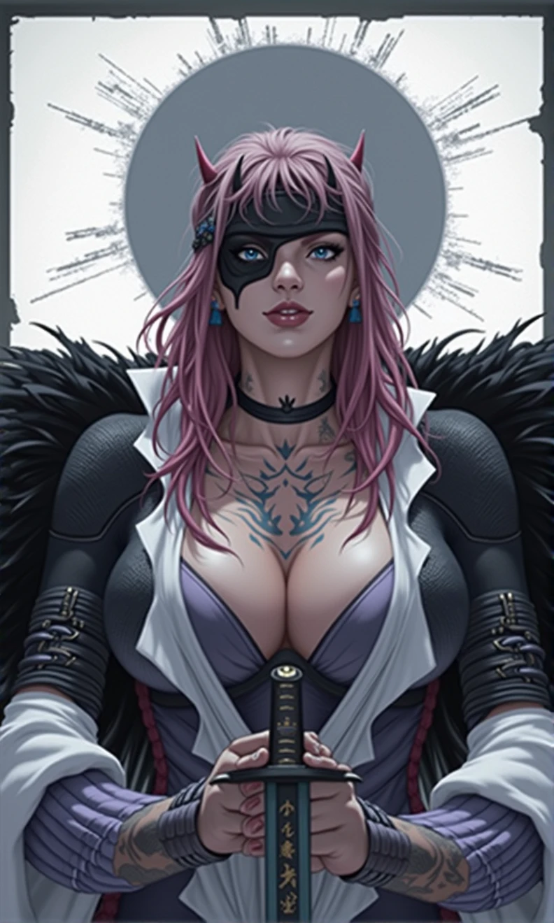 Create an imposing woman with a voluptuous and muscular body, exuding both raw strength and combative grace. She should have long, vibrant pink hair cascading in wild waves, enhancing her fierce and untamed look. Her attire should be dark, similar to Sukuna's, tightly fitting her powerful physique. The clothing should have detailed contours and forms reminiscent of Baiken's armor, blending tradition with menace.
Her skin should be marked with tattoos and cursed marks, symbolizing deep and terrifying power, reflecting her mastery over dark arts. Her face should be partially covered by a mask similar to Sukuna's, giving her an aura of mystery and danger. She has four eyes, with one covered by an eyepatch, suggesting a battle-hardened experience and a past that has forged her into an unstoppable queen.
In one of her four hands, she should hold a katana, ready to unleash her fury. The overall appearance should be fearsome, presenting her as the queen of curses, a figure who knows no rival. The drawing should closely resemble the art style of Jujutsu Kaisen, with sharp, detailed lines and a dark, ominous atmosphere. High resolution with detailed textures and vibrant colors.