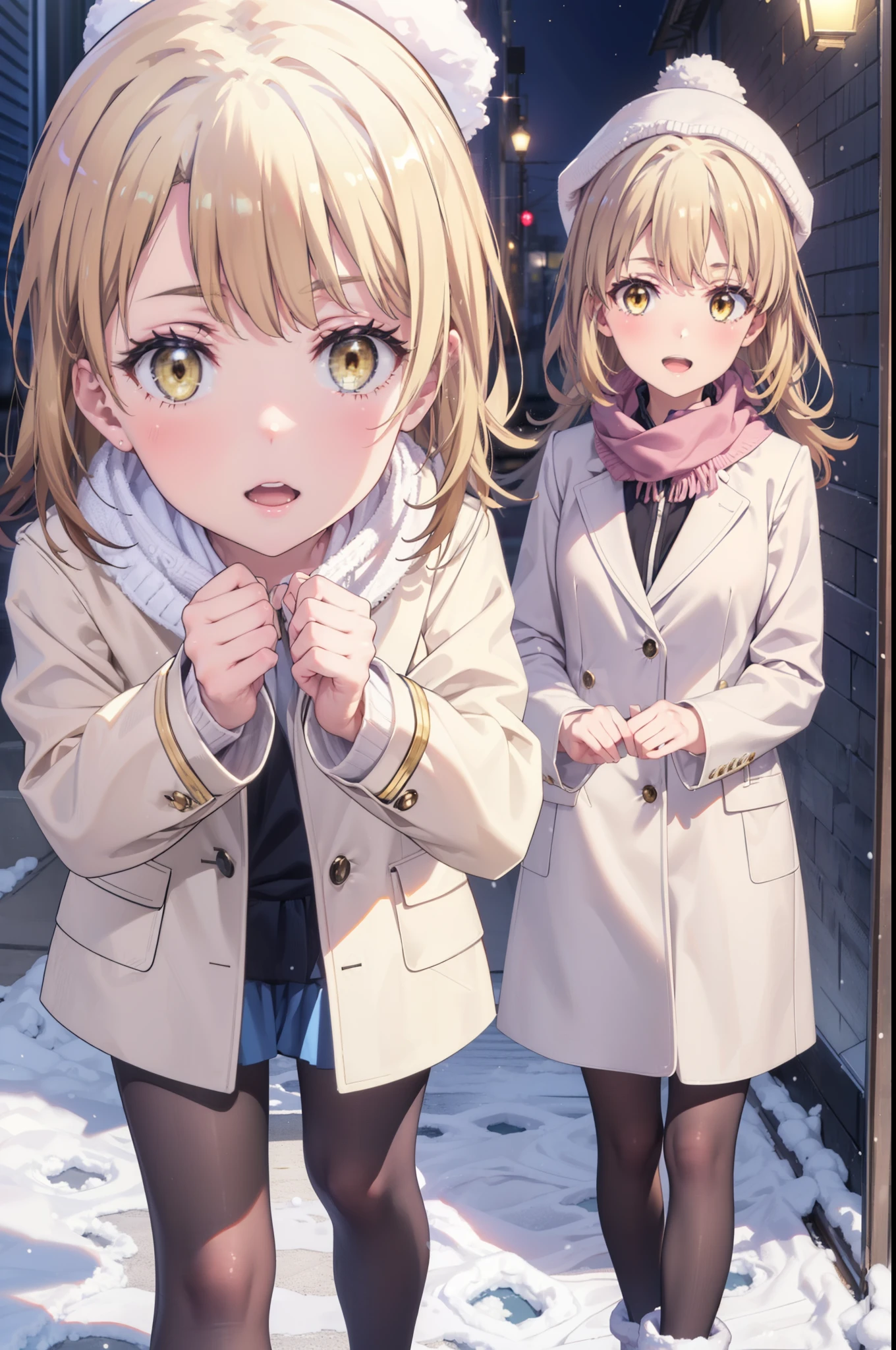 Irohaisshiki, isshiki iroha, Long Hair, Brown Hair, (Brown eyes:1.5), smile,Open your mouth,White Breath,low twin tail,Knitted hat,White scarf,Yellow long coat Open front,Pink v-neck sweater,Short denim,Black pantyhose,short boots,Walking,snowが降っている,snowが積もっている,moon,night,snow,snow,snow,snow,whole bodyがイラストに入るように, break outdoors, Building district,
break looking at viewer,whole body,
break (masterpiece:1.2), Highest quality, High resolution, unity 8k wallpaper, (figure:0.8), (Beautiful attention to detail:1.6), Highly detailed face, Perfect lighting, Highly detailed CG, (Perfect hands, Perfect Anatomy),