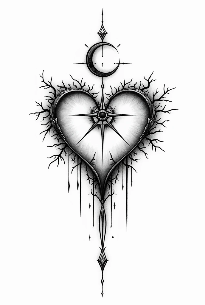 A Moani style tattoo that has a heart, a pentacle and a moon that is in black and white