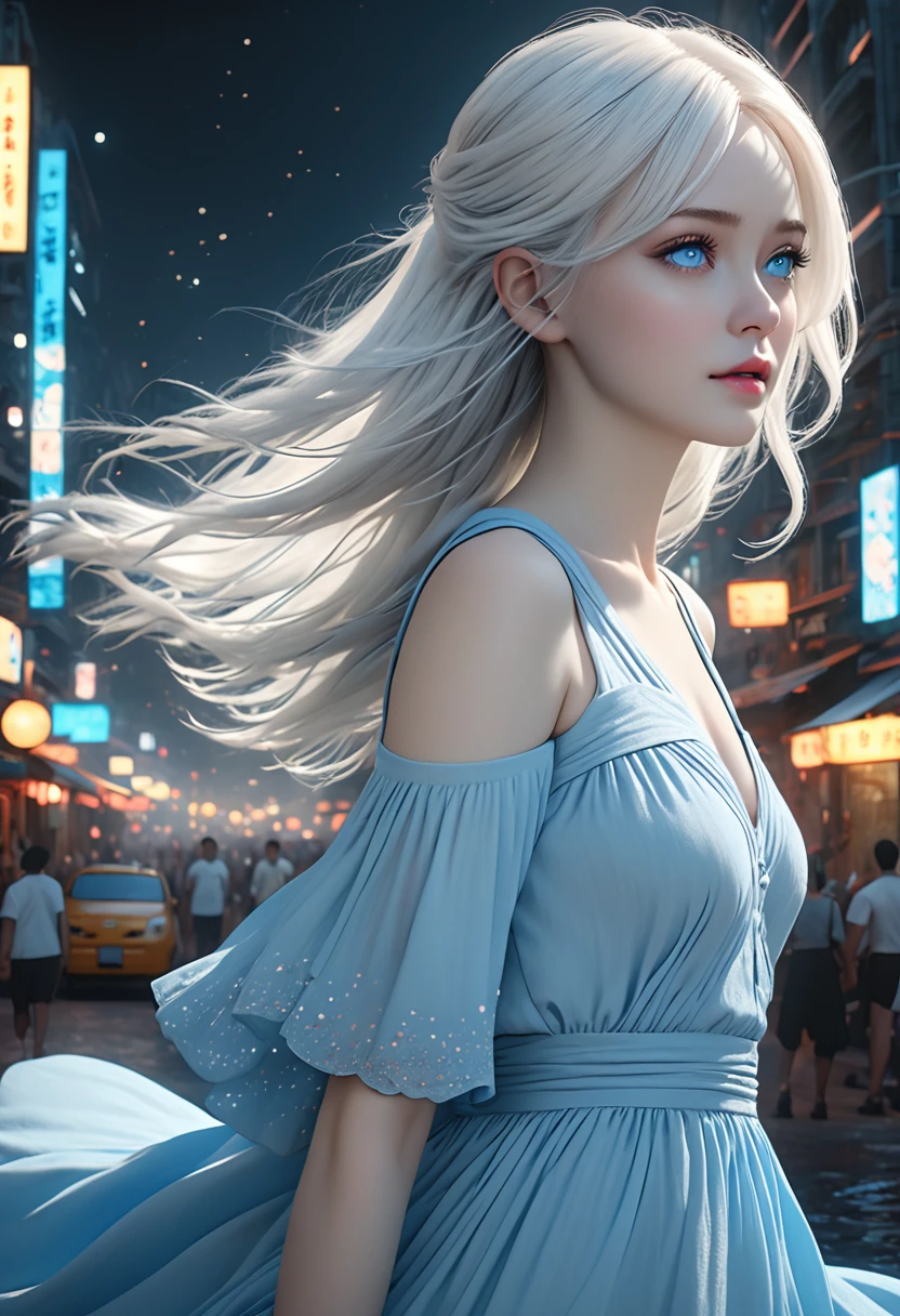 1girl, pale skin, long white hair, blue eyes, wearing a simple light blue dress, black background, on the city moon, (best quality,4k,8k,highres,masterpiece:1.2),ultra-detailed,(realistic,photorealistic,photo-realistic:1.37),cinematic lighting,dramatic lighting,ethereal,surreal,digital art,fantasy,concept art,soft colors,cool colors