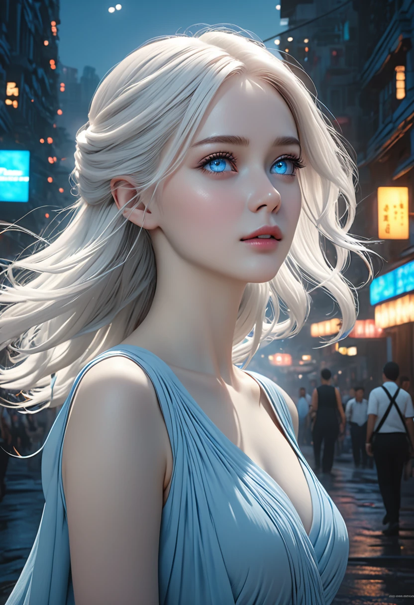 1girl, pale skin, long white hair, blue eyes, wearing a simple light blue dress, black background, on the city moon, (best quality,4k,8k,highres,masterpiece:1.2),ultra-detailed,(realistic,photorealistic,photo-realistic:1.37),cinematic lighting,dramatic lighting,ethereal,surreal,digital art,fantasy,concept art,soft colors,cool colors