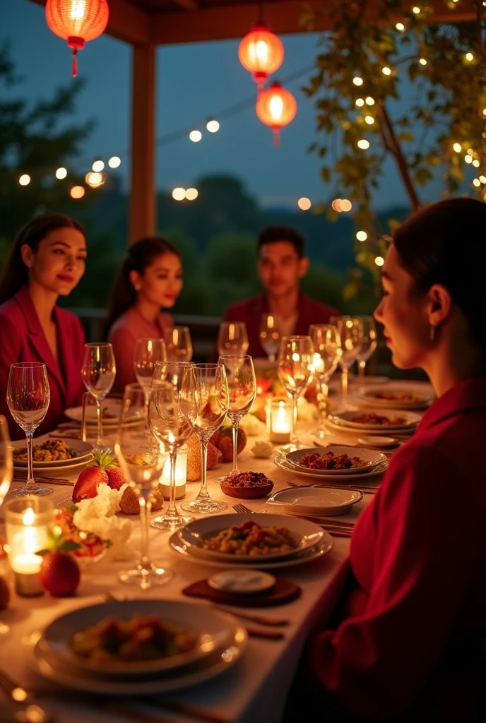80s style，A group of fashionable people，Chinese，Parties，In the villa garden，On the rooftop，Large dining table，Abundant food，Night，evening，reunion，Reception，wine，Wine Tasting，Suit，High heel（Rich details），（Best quality），Film Style，Multi-angle shooting，close up，side，Back