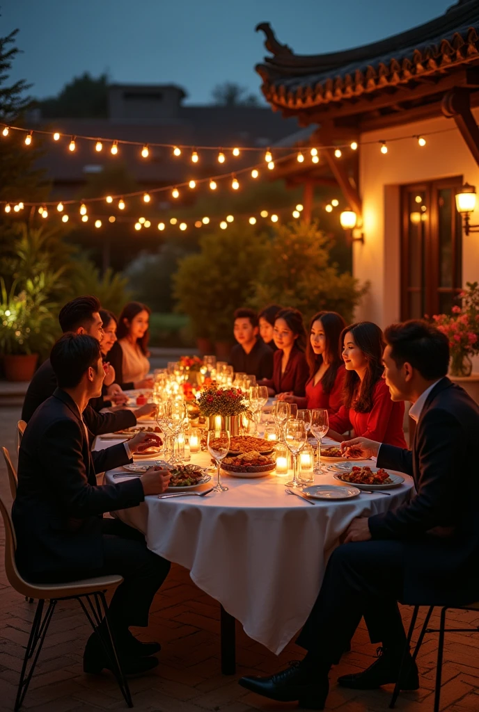 80s style，A group of fashionable people，Chinese，Parties，In the villa garden，On the rooftop，Large dining table，Abundant food，Night，evening，reunion，Reception，wine，Wine Tasting，Suit，High heel（Rich details），（Best quality），Film Style，Multi-angle shooting，close up，side，Back