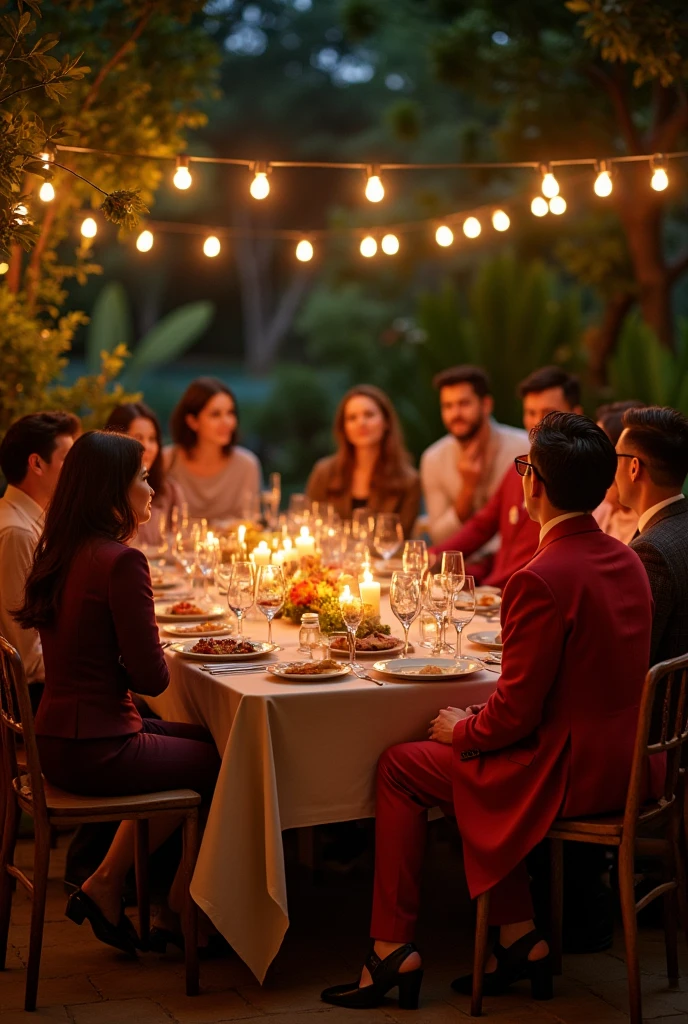 80s style，A group of fashionable people，Chinese，Parties，In the villa garden，On the rooftop，Large dining table，Abundant food，Night，evening，reunion，Reception，wine，Wine Tasting，Suit，High heel（Rich details），（Best quality），Film Style，Multi-angle shooting，close up，side，Back