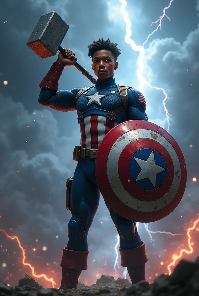 Young black Captain America with Thor&#39;s hammer 