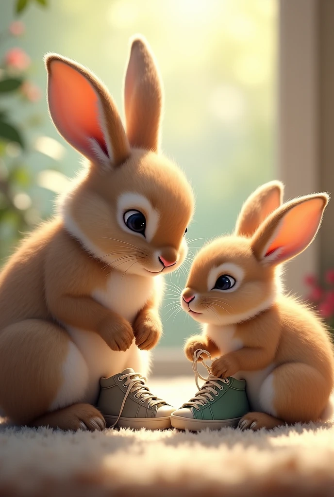 Bunny learning from his mom how to tie his shoes