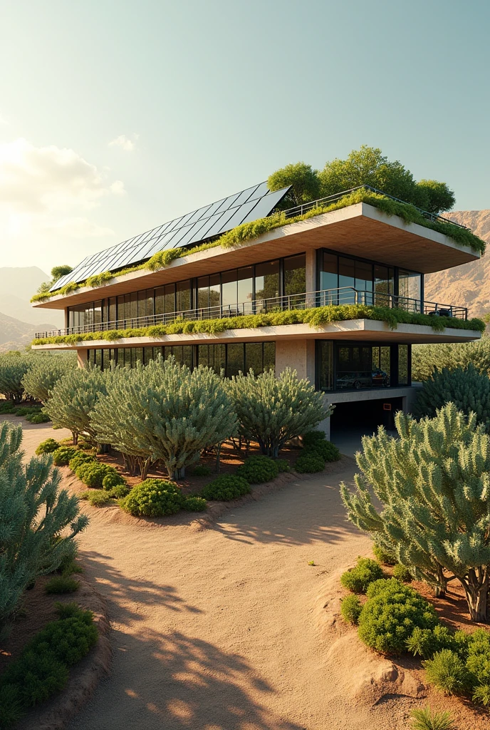 A technological horizontal building, that it is for the study of ecological architecture, with a facade of solar panels and orchards, underground parking access with a warm and slightly arid atmosphere, where nopales and cacti grow, axonometric perspective