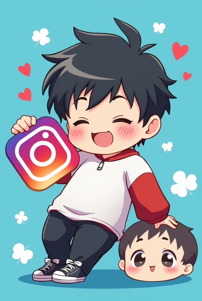a male anime character with a white shirt and red long sleeves, with black hair, black pants black shoes with white with a blue background with a child's face and making a cute pose holding the instagram logo and more or less a little chubby