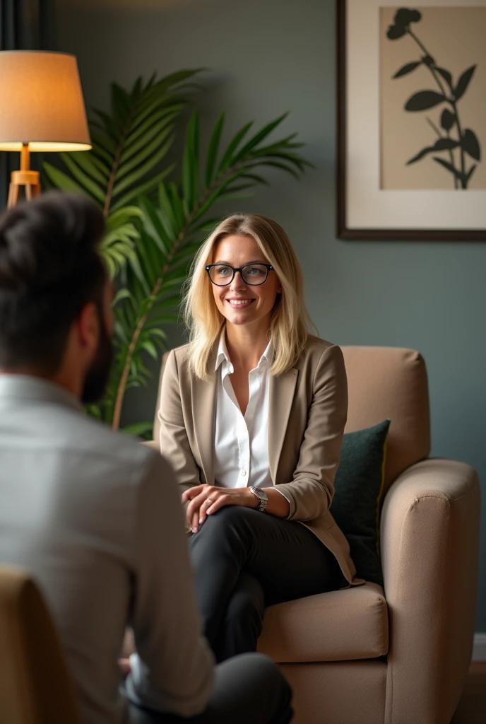 Create an image of an elegant psychology office with the name "Mussoi Psychology". The atmosphere is chic and cozy, with sophisticated furniture and a comfortable armchair for the psychologist and another for the patient. There is a stylish plant in the background.
The psychologist is a blonde woman, green-eyed, With shoulder-length hair, and an athletic build. She wears glasses and is sitting in the armchair, attending to a patient whose face is not visible.