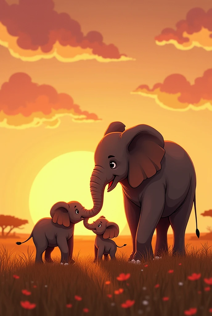 "Create a heartwarming illustration of two elephants Trombinha and Pipoca standing beside happy father elephant Osot Sog, looking up at him with love and admiration. The sun is almost set, with the last golden rays illuminating the scene. The African savanna is calm and peaceful, and the three elephants are together, sharing a moment of love and unity. The style should be warm and comforting, perfect for concluding a children's story with a strong sense of family and connection. same image as above but more realistic