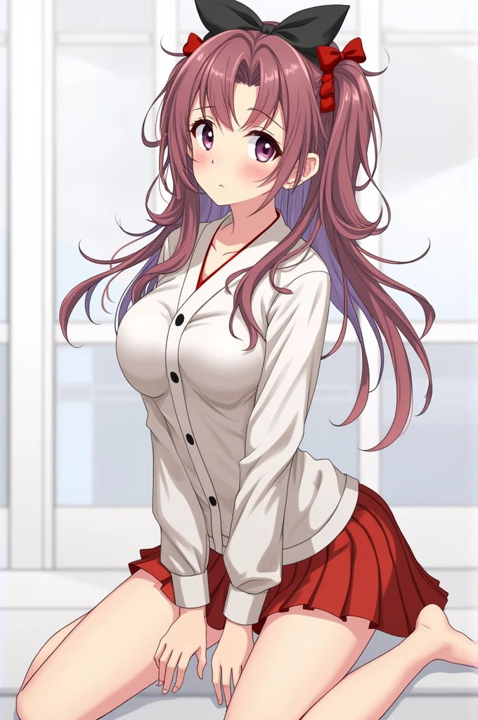 high tail hairstyle, Ponytail hairstyle, Long wavy black hair, standing posing, anime girl style, pixel art anime style,penetrating look with deep eyes,red and purple eyes, hair with a ponytail hairstyle trapped with a big red bun, Women, red hair clips, x color shaped hair clips , short white shirt, smooth receptionist miniskirt, smiling face blush, standing in his bedroom, next to his bed, receptionist clothes, lifting her skirt, grabbing her skirt with her hands to lift it up, letting her look at her underwear. 