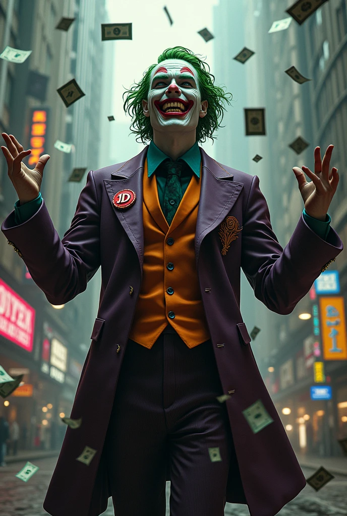 I need a character similar to the Joker ( but it can&#39;t be the joker ) walking throwing money up, with the JD symbol on its back 