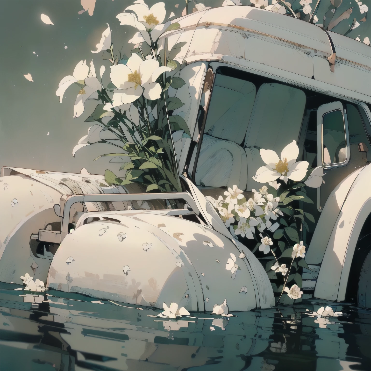(((Masterpiece, top quality))), (((32K wallpaper))), ultra high resolution, (((close-up))), gorgeous light leak, (((backlit))), highly detailed background, top quality, (((no humans))), highly transparent river, (((extremely detailed rusty heavy truck with many white flowers)), (((( very dull color )))), (((( white flowers in the water))), (((White petals fly)))