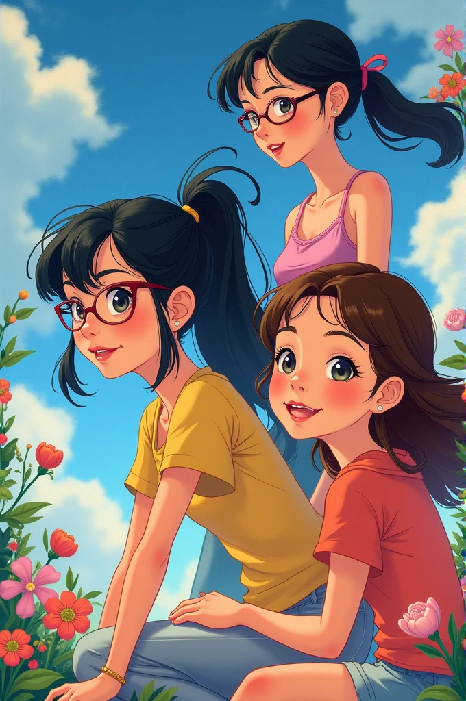 3 girls, one with glasses and black hair tied in a ponytail, the other with long loose black hair but with a mole near the lip, a girl with loose brown hair, somewhat Chinese, disney version