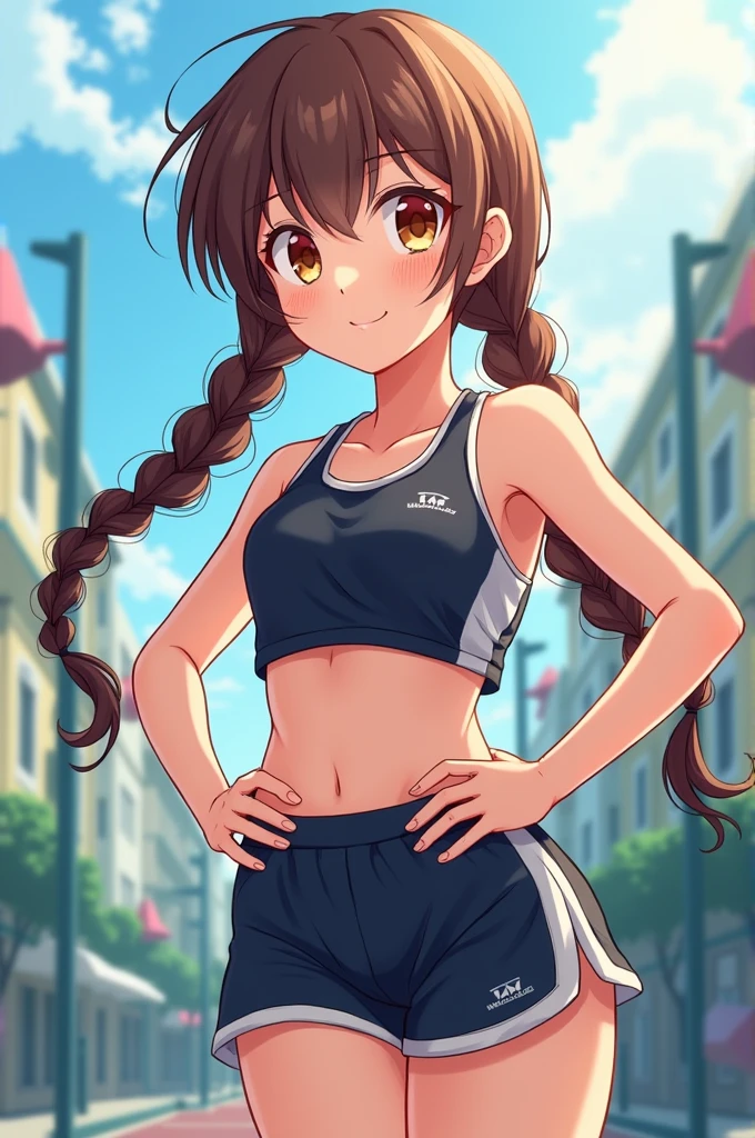 An anime girl with braids, Brown hair , sportswear and brown eyes