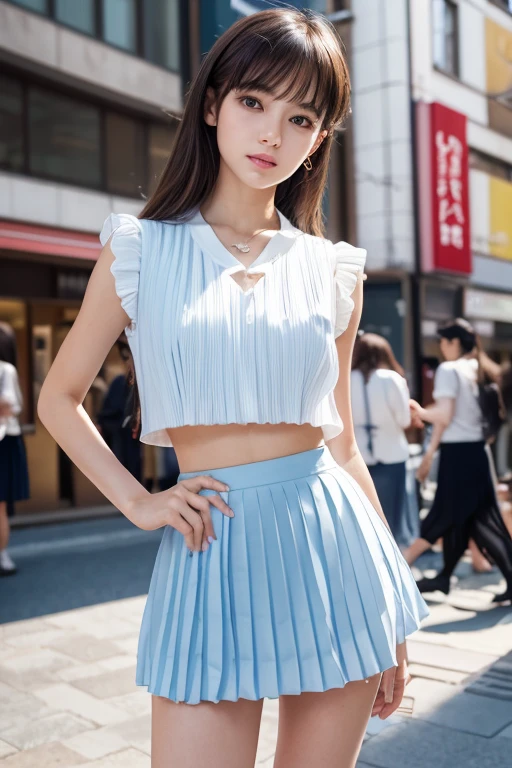 Product quality,1 girl,Cowboy Shot,Front view,(Focus on the thighs:1.5),Young and sexy Japanese girl,20-year-old,Harajuku,(Crowded street:1.4),Snazzy(Blue:1.5),shirt,wear,(Snazzyバッグ:1.3),Fashionable necklaces,Snazzyイヤリング,((White super short micro pleated mini skirt:1.5)),wear,Very cute face,Glossy Lips,Double eyelids on both eyes,(Natural Makeup),shiny smooth light brown long hair,,,Asymmetrical bangs,Center image,8k resolution,Attention to detail,Detailed hairstyle,Detailed face,Cinema Lighting,Octane Rendering,Ultra-realistic,Perfect limbs,(Detailed fingers:1.5),Beautiful legs,Voluptuous thighs,Huge breasts,Perfect Anatomy,(Model pose:1.3)