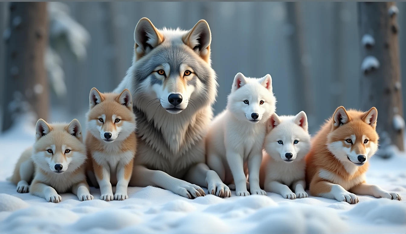 Create a hyper-realistic, photorealistic image of a stunning savage wolfs family. The family includes a majestic father wolf, a graceful mother wolf, and five wolf pups of various ages. Each wolf displays unique colors and fur patterns, showcasing a rich diversity of hues and textures. They are all calmly gazing at the viewer, embodying a sense of tranquility and strength. The background features a softly blurred snowy forest, adding depth and a serene atmosphere. The wolves' fur is remarkably beautiful, capturing their natural elegance and power.