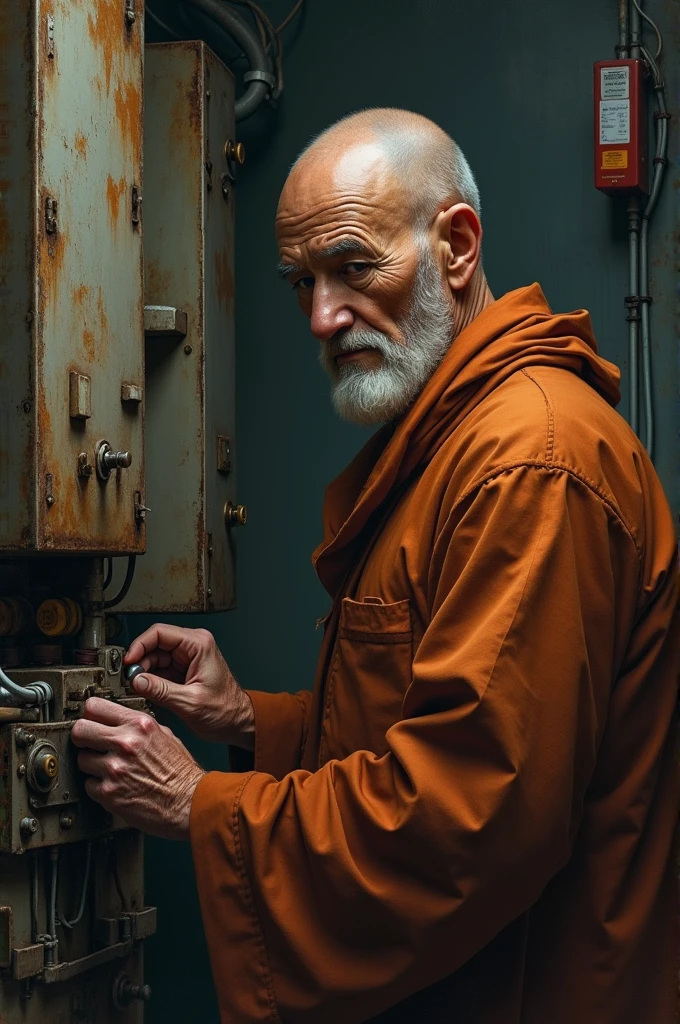 Old monk working as an electrician