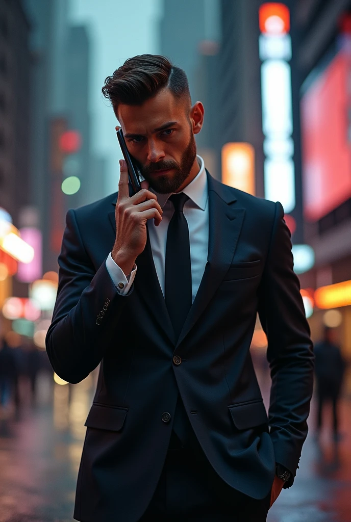 The beauty, strength and masculine power in images over time artistic style (Modernism and Contemporary)
Title: Modern Man Environment: modern city, with tall buildings and neon lights.
pose: walking down the street, with an elegant suit, showing a confident stance.
action: Talking on the phone or looking at your watch.
Expression: self-confident, Ambitious, with a cold look.
Physical Characteristics: slim and athletic body, shaved and well-groomed face.
Title: The Rebel