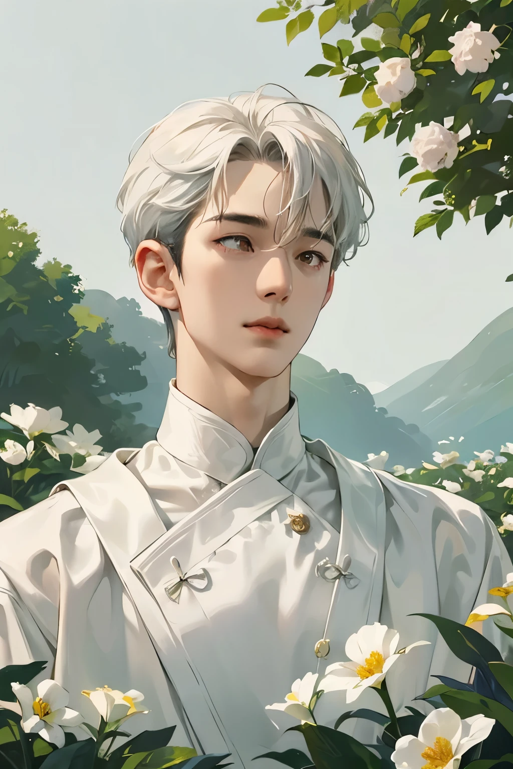 A young man with fair skin and a slim build, sporting short white hair. He wears a gentle smile on a thoughtful face. Dressed in elegant, stylish white clothing, resembling royal attire. He is posed gracefully, as if caught in a moment of contemplation. The background reflects a Spring theme, with soft, flowing elements such as blooming flowers, lush greenery, and gentle breezes, creating a serene and harmonious atmosphere