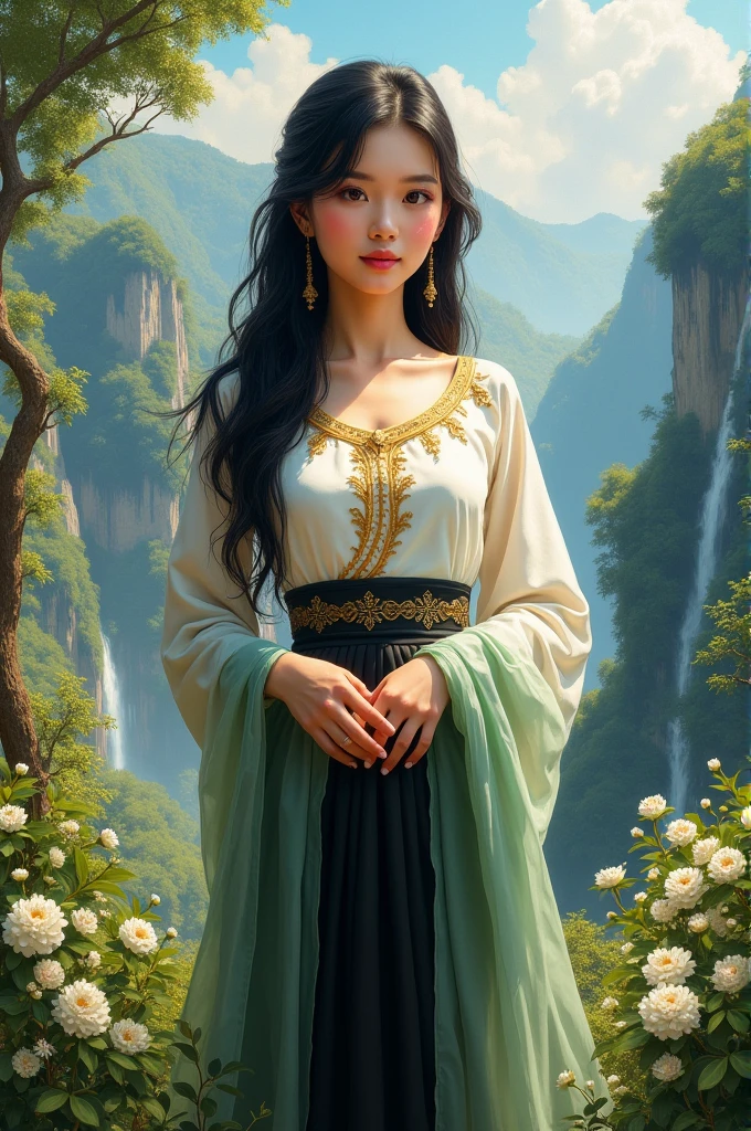 In the wind of flowers, a full-body picture of a beautiful young woman wearing a white and gold Dusit Thai dress and a black sarong, like the villagers, with a light green silk around her arm, with long black hair flowing down, sparkling light. Wang Badan Ananta Nakhon, mountains, jasmine flowers, waterfalls, beautiful, 3D picture, oil painting, sharp picture, art picture of Ajarn Chalermchai.