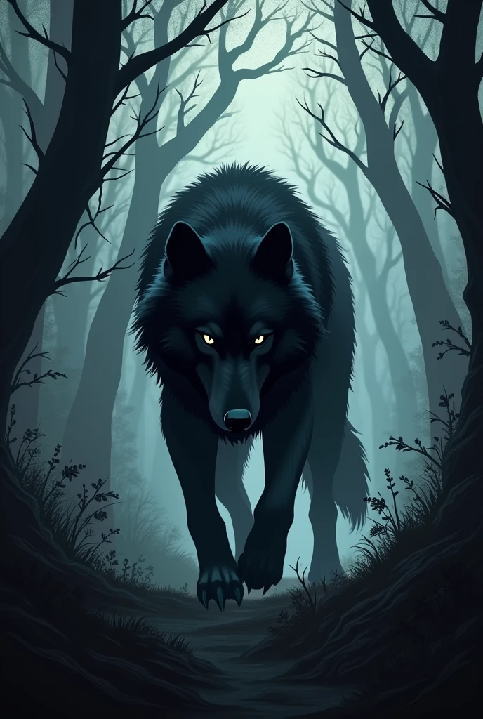 Wolf with black eyes and dark fur in a dark forest at dark and gloomy night wolf alone and serious