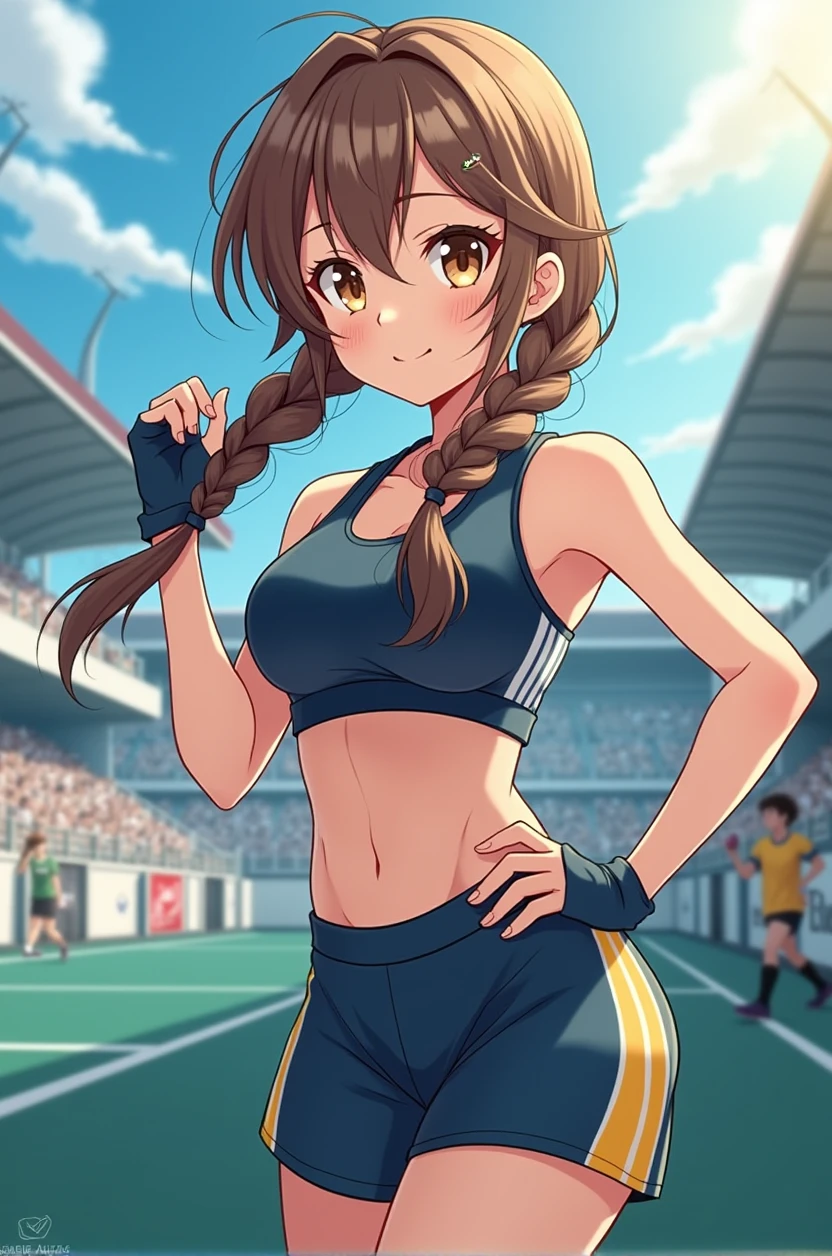 An anime girl with braids, Brown hair , sportswear and brown eyes