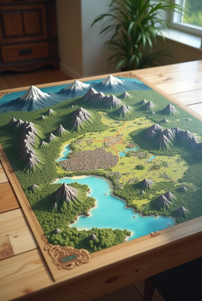 On a table A large map illustrated with landscapes such as , mountains, a town and city and forests without sea
