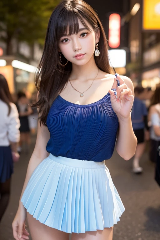 Product quality,1 girl,Cowboy Shot,Front view,(Focus on the thighs:1.5),Young and sexy Japanese girl,20-year-old,Harajuku,(Crowded street:1.4),Snazzy(Blue:1.5),shirt,wear,(Snazzyバッグ:1.3),Fashionable necklaces,Snazzyイヤリング,((White super short micro pleated mini skirt:1.5)),wear,Very cute face,Glossy Lips,Double eyelids on both eyes,(Natural Makeup),shiny smooth light brown long hair,,,Asymmetrical bangs,Center image,8k resolution,Attention to detail,Detailed hairstyle,Detailed face,Cinema Lighting,Octane Rendering,Ultra-realistic,Perfect limbs,(Detailed fingers:1.5),Beautiful legs,Voluptuous thighs,Huge breasts,Perfect Anatomy,(Model pose:1.3)