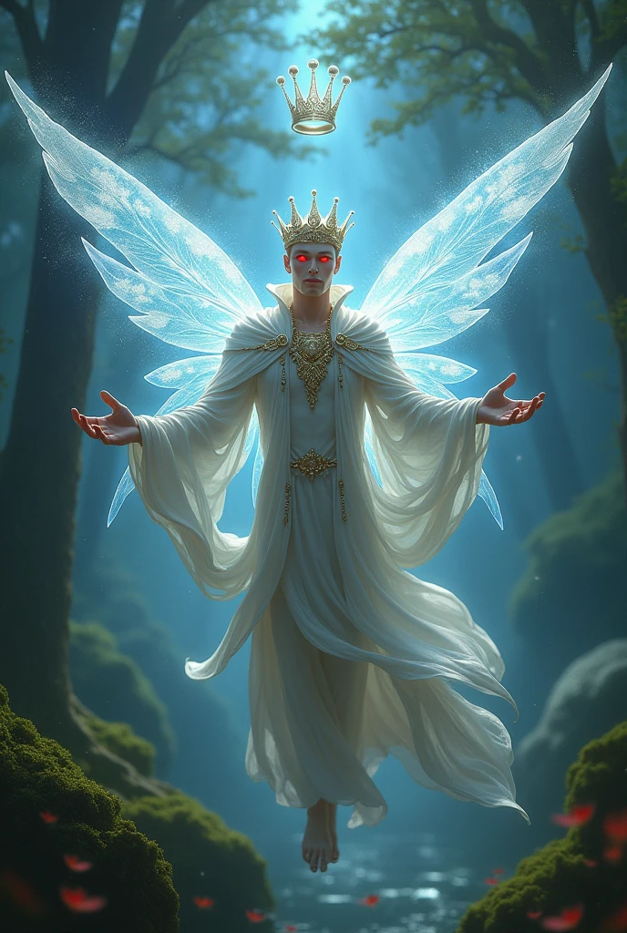 king of fairies, masculine, flying, releasing powers through the hands, Godlike, with a red eyes, with a crown floating above his head