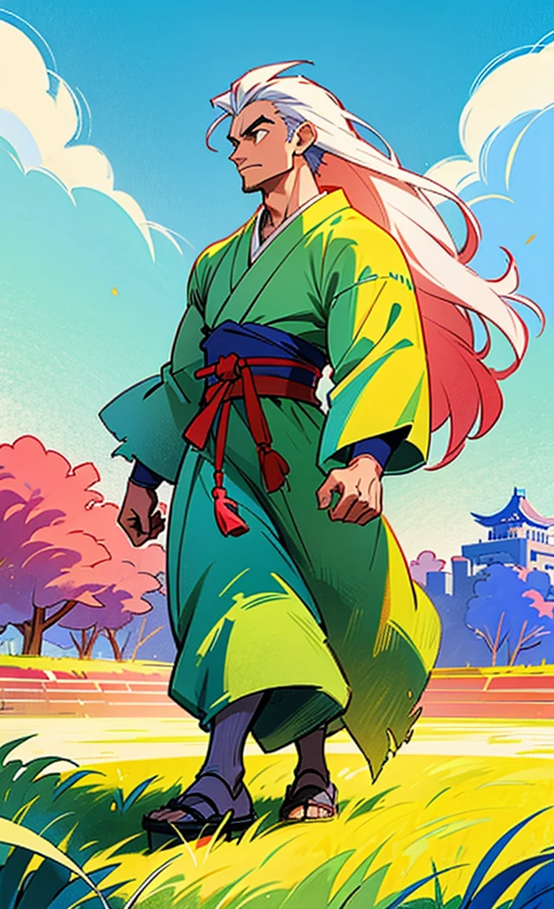 make a young and strong fighter, He is muscular and has long hair and wears a kimono with torn sleeves, he will be walking through a grassy area with a castle in the background, and the strong wind blowing, he walks in front of us