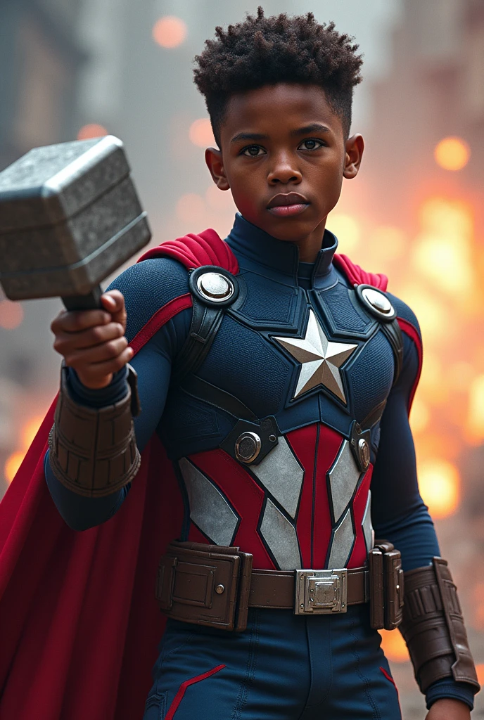 Young black Captain America with Thor&#39;s hammer 