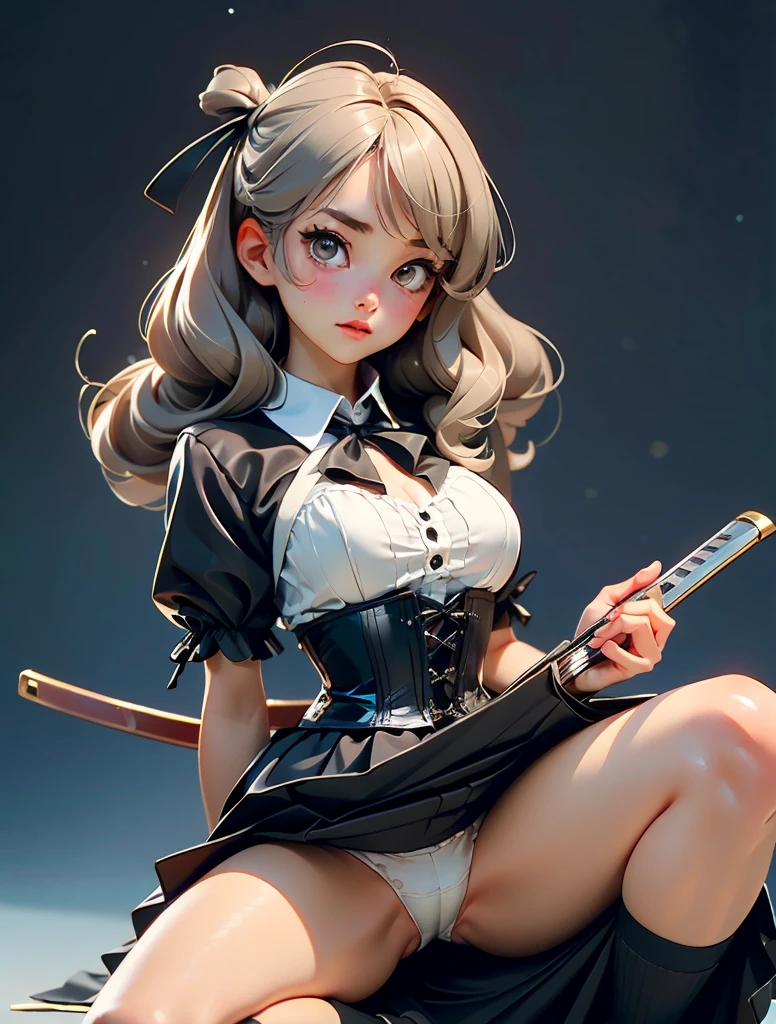RAW Photos, Highest quality, High resolution, Realistic, One girl、Young Japanese Girl, , Full body portrait, Expressionless, poker face, Stone Face, model, Big Breasts, short hair, Wavy Hair, Curly Hair, Gray Hair, Silver Hair, Light brown hair, Hollow Eyes, Hollow Eyes, ((Thin thighs)), Diagonal bangs, Cute Face, Shiny skin, Beautiful body, Beautiful Skin, concentrate , Naked from below, (school uniform, Lead Bow Tie, Black apron dress, Highly detailed corset, Gothic, Frill dress, Beautiful embroidery, (Long skirt:1.2):1.4), (Skirt flip:1.5) show, underwear, simple underwear, (Squat、One knee:1.5)、(Spread legs、Spread your legs:1.5)、((Showing white panties))、Good lift、Exposing the breasts、Showing off a white bra、Troubled face、climax、Excited、close your eyes、Open your mouth、Sword Drawing Technique, Battoujutsu