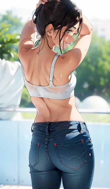 masterpiece, highest quality, High resolution, aamikoto, short hair, Hair Flowers, Gym suit, Exposing shoulders, Sleeveless shirt, White shirt, Short shorts, White shorts, Are standing, Cowboy Shot, Outdoor,(Half-naked from behind),(Sometimes I open my asshole:1.9),