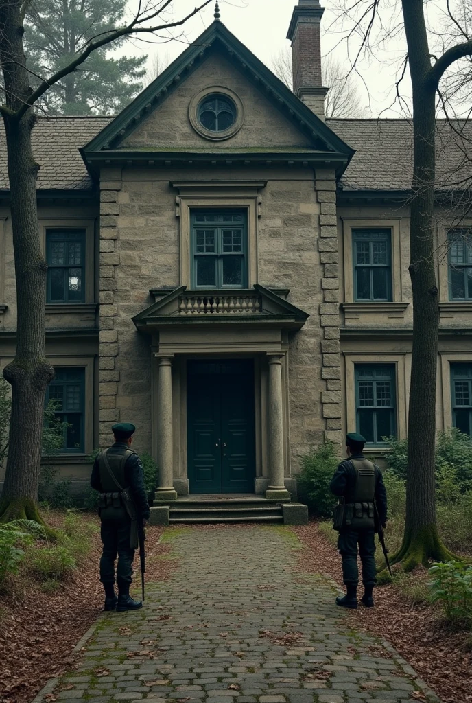 Abandoned old mansion with soldiers at the door