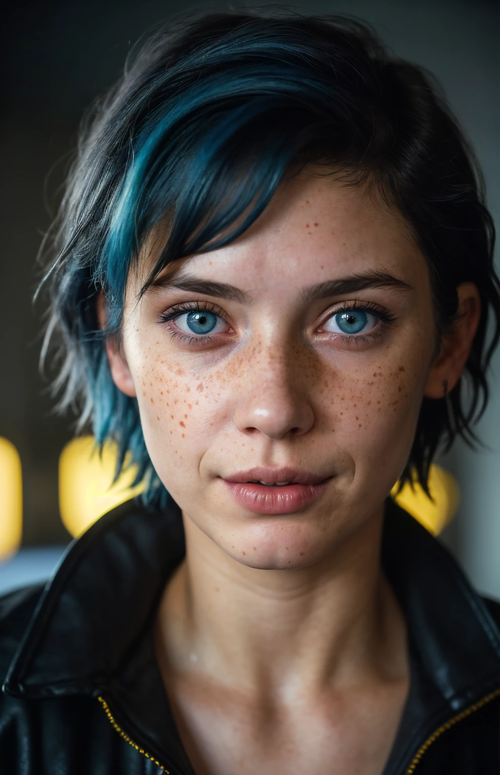 (close-up, editorial photograph of a 21 year old woman), (highly detailed face:1.4) (smile:0.7) (background inside dark, moody, private study:1.3) POV, by lee jeffries, nikon d850, film stock photograph ,4 kodak portra 400 ,camera f1.6 lens ,rich colors, hyper realistic ,lifelike texture, dramatic lighting , cinestill 800, wavy hair, messy hair, short hair, Mischievous smirk, Blue hair, Blue eyes, freckles, white skin, black shirt, yellow jacket from cyberpunk 2077, european woman, european skin, european expression, Athletic, masterpiece, Astral Plane