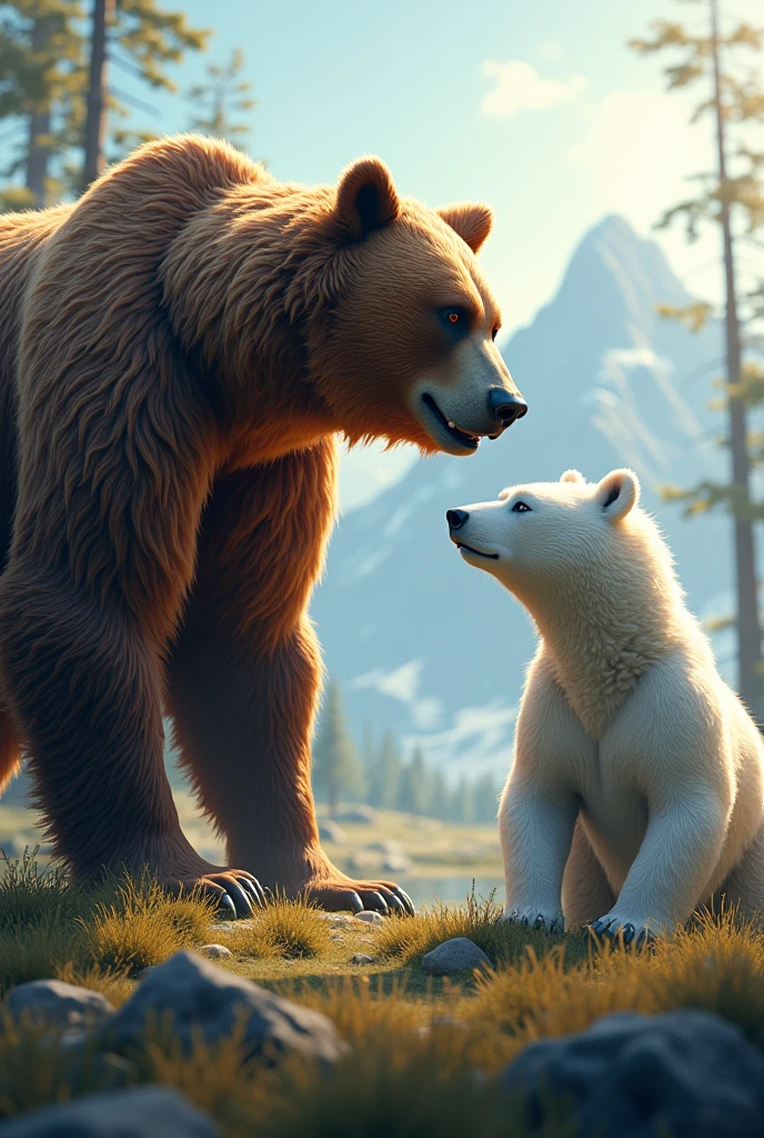 One brown bear with a  white bear 